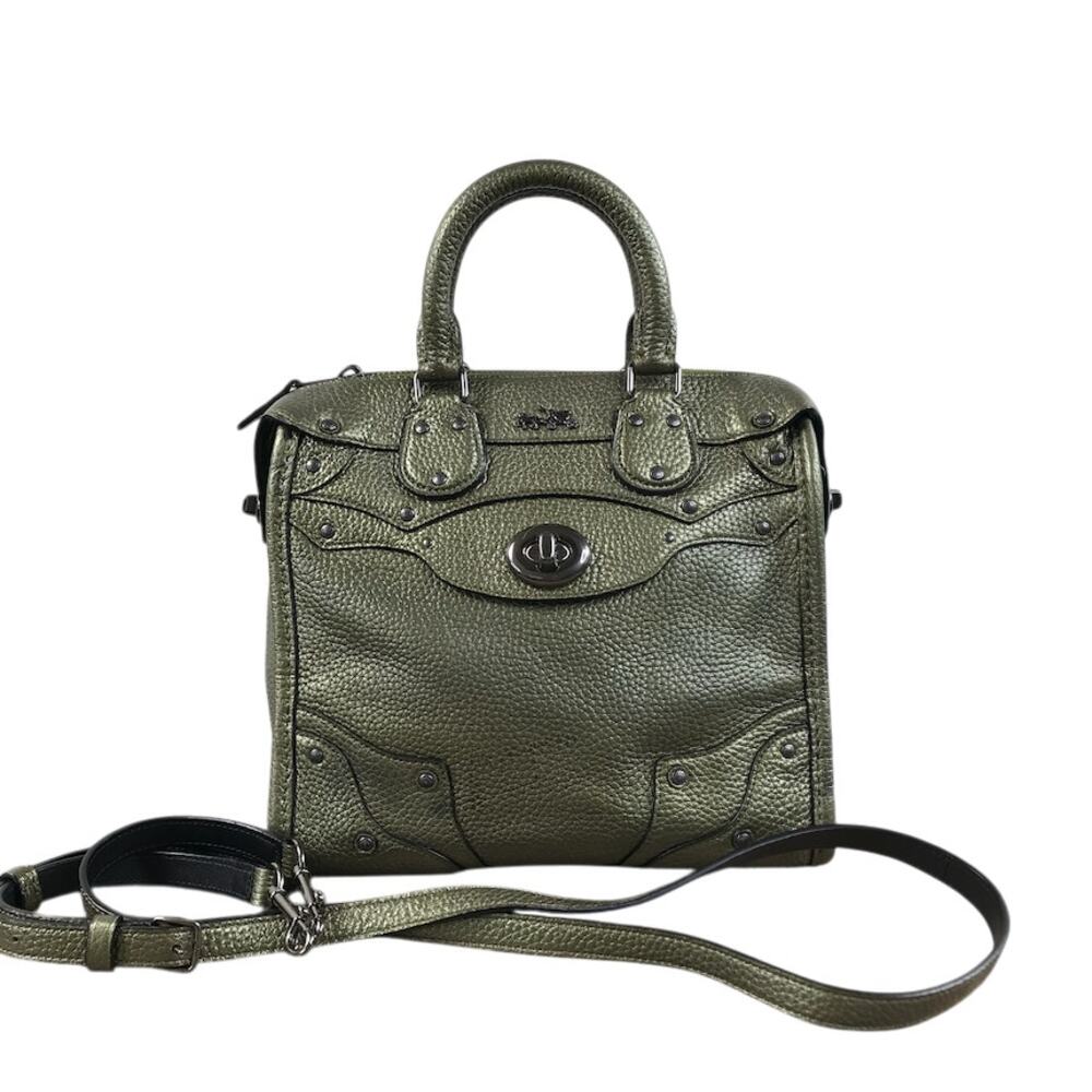 COACH Metallic Pebble Leather Mini Rhyder 33 Satchel Bag Rare Green Office Chic - Picture 2 of 12